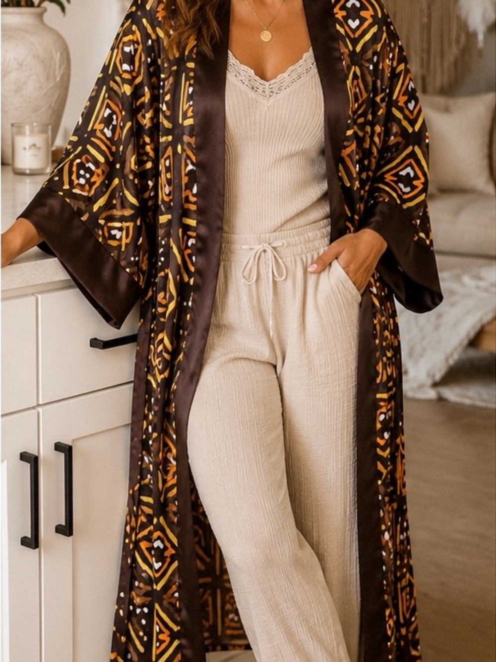 Satin Brown Printed Kimono Robe with Gold Accents